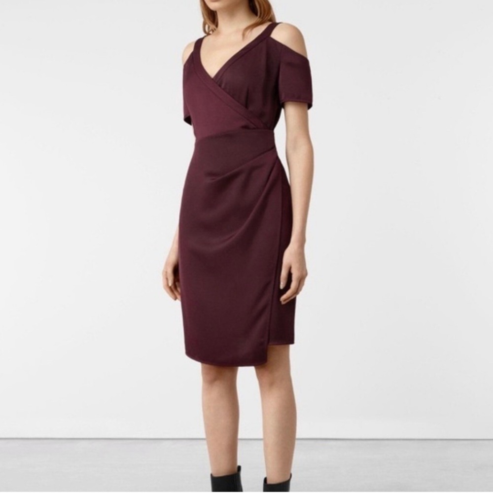 AllSaints Cadia Dress Burgundy Cold Shoulder Wrap Style Cocktail WD428K US 2